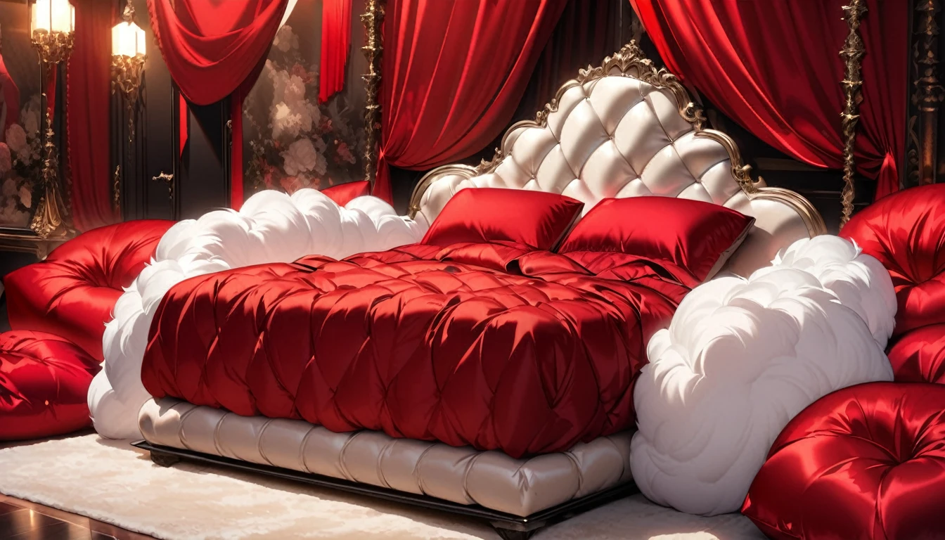 Fluffy red silk duvet、Lots of giant silk pillows、Luxurious fluffy red silk bed