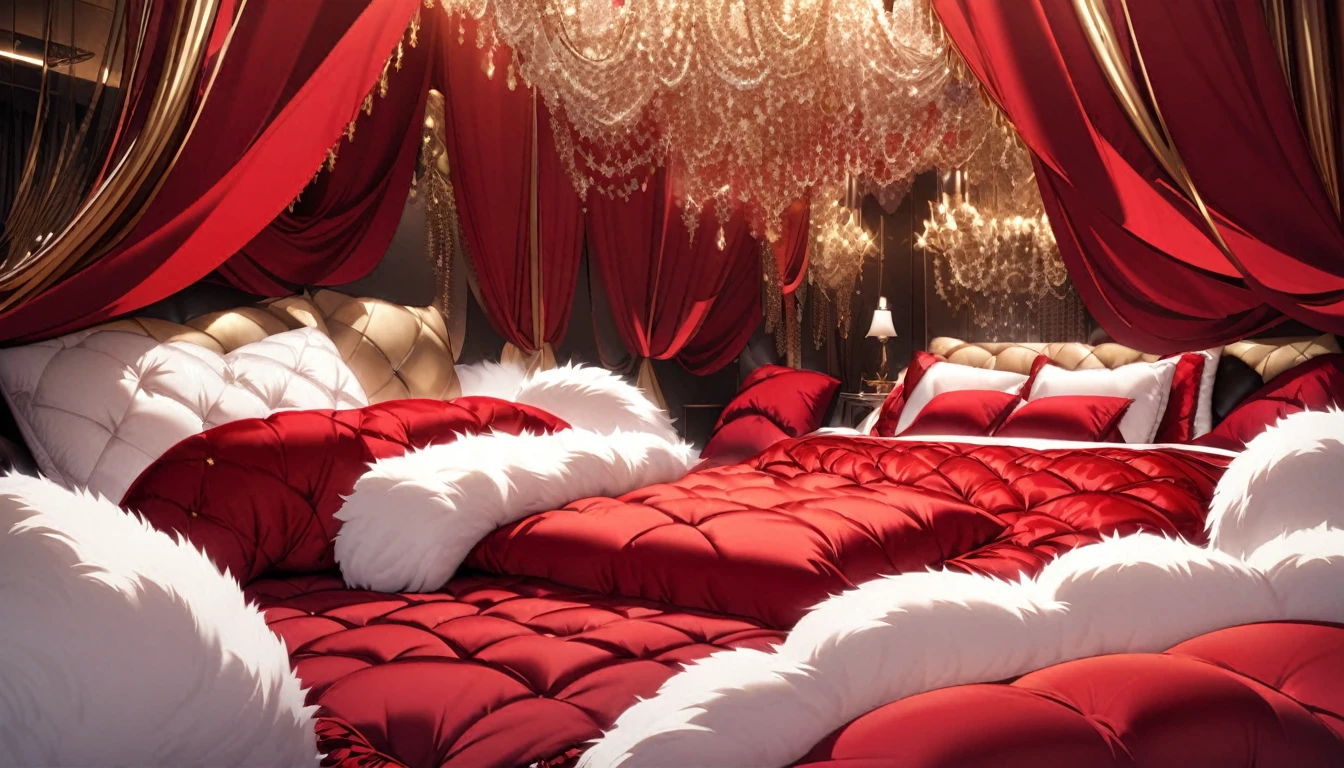 Fluffy red silk duvet、Lots of giant silk pillows、Luxurious fluffy red silk bed