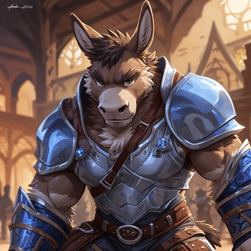 anthro donkey, ((young brown donkey)) 4k, high resolution, best quality, posted on e621, solo, anthro body, male, adult, slim, medieval, correct anatomy, (icon), (blurry background, out-of-focus background:1.2), (by takemoto arashi:1.0), (by wfa:1), (by Taran Fiddler:0.5), young, (cel shaded, cartoony shading:1.2), black lineart, black outline, flat coloring, (strong shadows, dark shadows:1.2), dynamic pose, portrait, close up to face, ((white and blue armor))