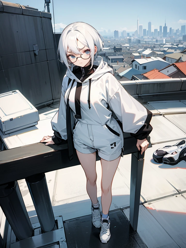 Anime Style、20-year-old women、White Hair、White eyebrows、Short Hair、Big Breasts、Thin gold round glasses、Eyes closed、A listless look、Pitch black hoodie、White shorts、Black and white sneakers、Standing here, looking at me、rooftop、high resolution