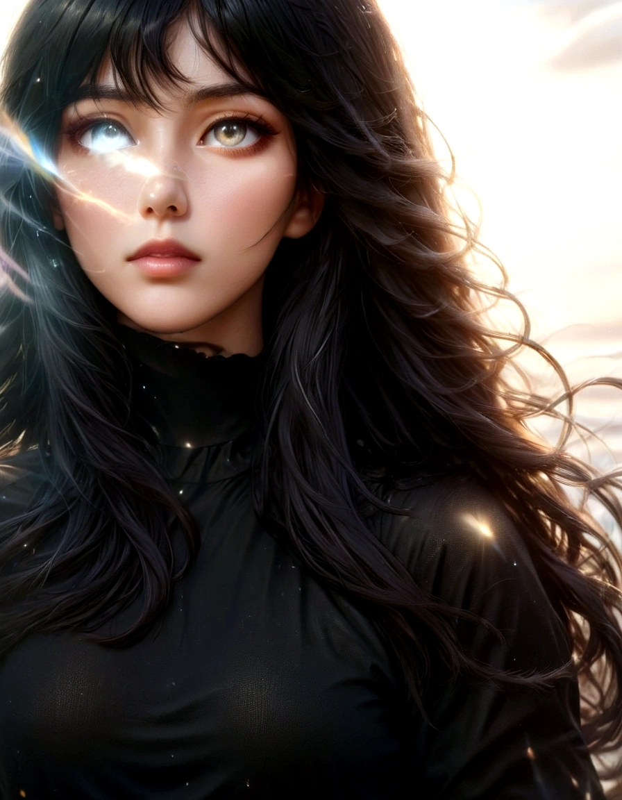 there is a woman with long black hair and a black shirt, light falling on face, girl with black hair, soft portrait shot 8 k, atmospheric portrait, windblown dark hair, frayed edges. light leaks, soft portrait, blurry face, woman with black hair, black-hair pretty face, detailed unblurred face, she has black hair with bangs
