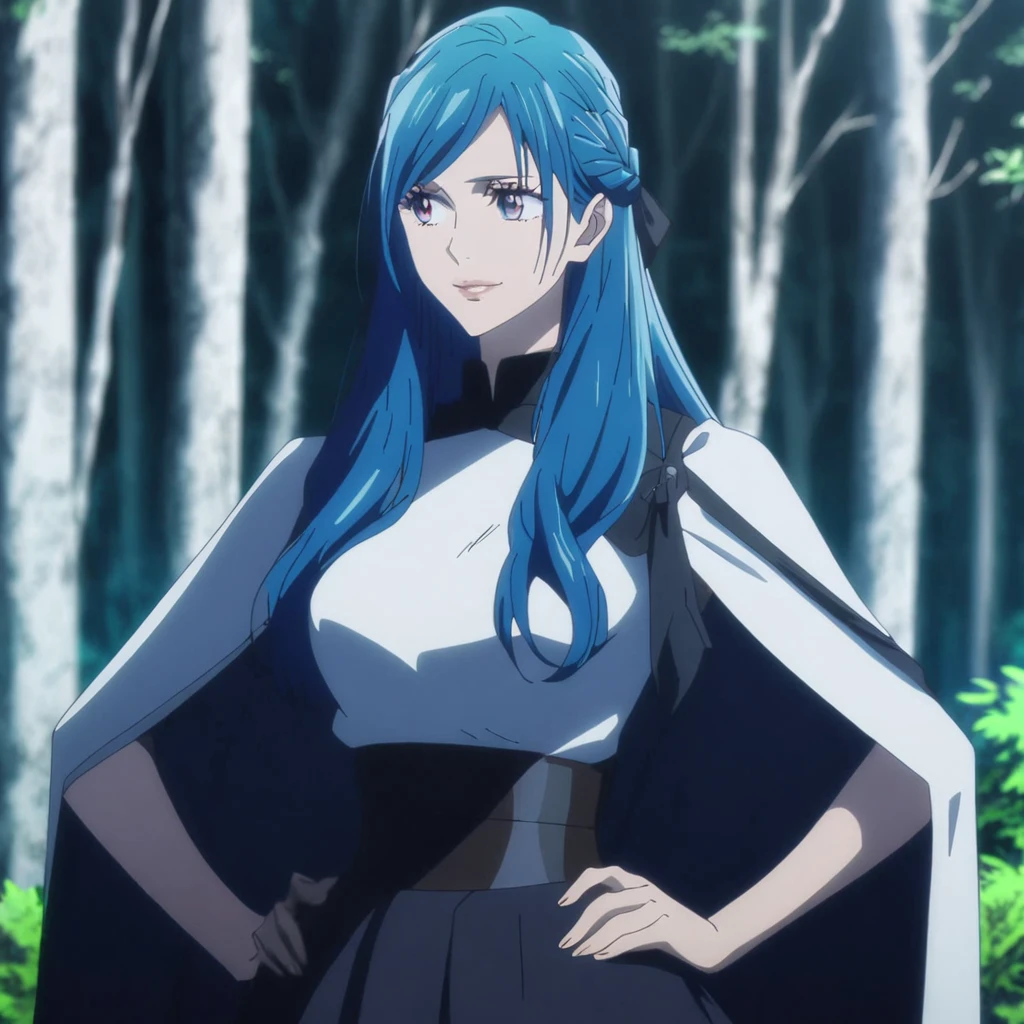 1girl, anime screencap from jujutsu kaisen, solo, very long_hair, ((smooth texture hair)) purple eyes, ((long hair, blue hair, french braid, blue_eye)), breasts, upper_body, smile, forest background, red_eyes, lips, ((long blue hair, elegant hairstyle, french braid ,blue_eye)) wearing black color clothes, breast, "very detailed and high resolution" ((blue eyes)) ((one hand ln hip)) ((smooth texture hair)) ((solo)) ((high resolution)) (Good quality)