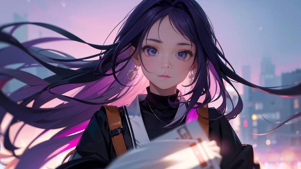 Best picture quality, 8K, high quality, masterpiece:1.2), ((masterpiece)), (great detail, high quality, best picture quality), bokeh, DOF, Portrait, open stance, purple hair long hair, in a black, round face, in a White jacket, standing in the winter town with pink theme