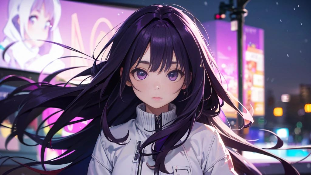Best picture quality, 8K, high quality, masterpiece:1.2), ((masterpiece)), (great detail, high quality, best picture quality), bokeh, DOF, Portrait, open stance, purple hair long hair, in a black, round face, in a White jacket, standing in the winter town with pink theme