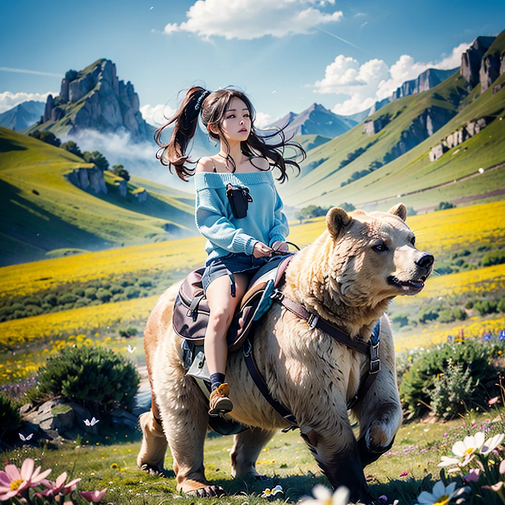 ((best quality)), ((masterpiece)), (detailed), 1girl, off-shoulder sweater, a riding bear in heavy armor and a saddle loaded with hiking bags walks through a flower meadow over which butterflies flutter against the backdrop of high mountains,