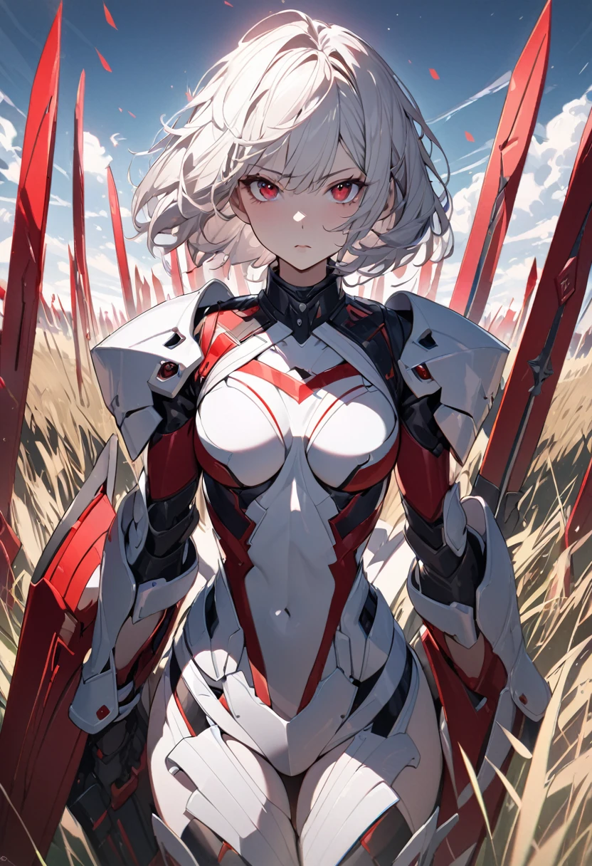 masterpiece , girl, In the Field, ( Light white short hair:1.2), (Red eyes:1.2), (Crossader:1.2), (View your viewers:1.2) , (8K, 最high quality 1.2), Super detailed, 8K Ultra HD, Soft lighting, high quality, Film Grain, Beautiful lighting, Cinematic ,Perfect body , Best lighting, Best Shadow, Sharpness, Contrast, Red glasses, Messy Hair, , Absurd high definition faces, Steel Armor, Large sword