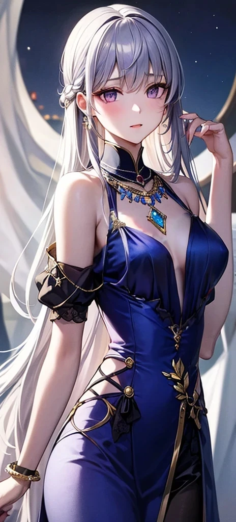 1 female,Beautiful woman,Ethereal temperament,noble,Slender figure,White skin,Purple Eyes,Silver long hair,Delicate necklace,Delicate silver jewelry,Royal attire in dark blue and silver,Moonlight,outdoor,Simple background,night,Delicate face,thin,Normal body,Delicate face,Small chest,noble的皇家服饰