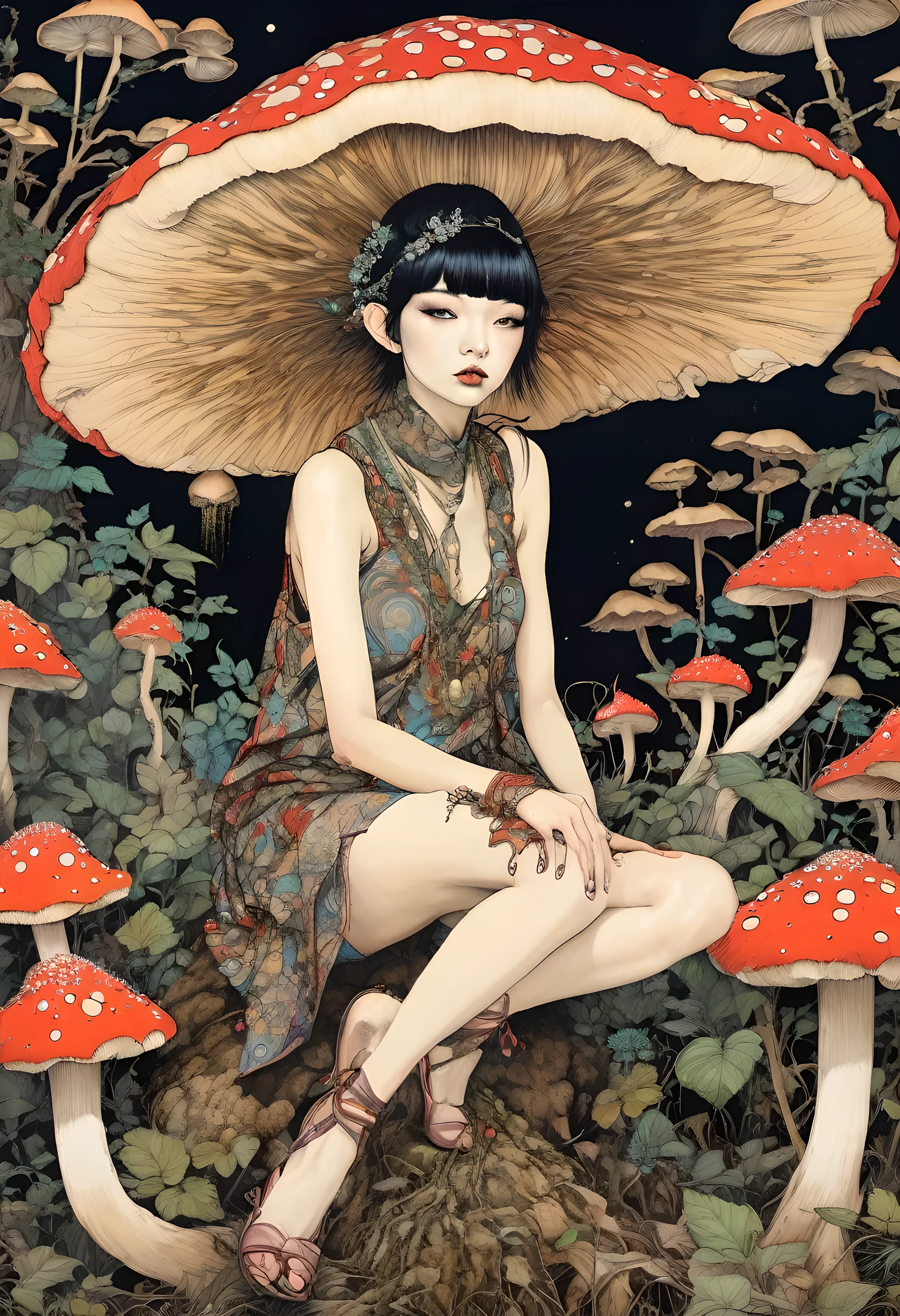horror painting , in the style of  takato yamamoto, style of Ravi Zupa, super cute pixie,sitting on a mushroom [ hyperdetailed trippy mushroom], [hyperdetailed and hyperrealistic], fantasy real,[breath taking place], dressed in nomad clothing,clever and stylish ,pixie's wings