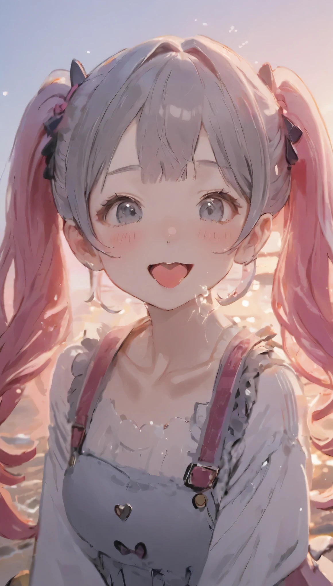 Highest quality、masterpiece、One Girl、20 years old、White skin、Wicked Smile:0.8、Open your mouth、(Sticking out tongue)、Pink Hair。Twin tails、Hair Clip、big hair clip、Cute Hair Clips、Gray eyes、Little red cheeks and nose、BREAK、Happy, Warm and soft lighting, sunset, (spark:0.7)