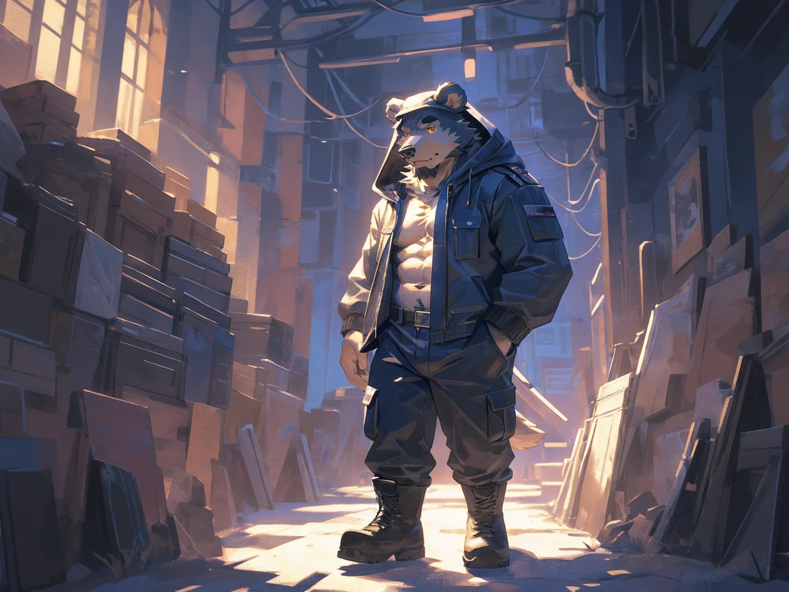 (masterpiece:1.2), best quality,pixiv,official art,perfect anatomy, (Ray tracing, light),solo, (1_male:1.3) , (muscle), (grey fur:1.4), (muscle bear), (beard:1.2), (gleaming golden eyes), bear tail, full body, Thick black eyebrows,(open hooded parka), (naked inside), (cargo pants:1.2), boots, dreamcore, abstract, nihilism