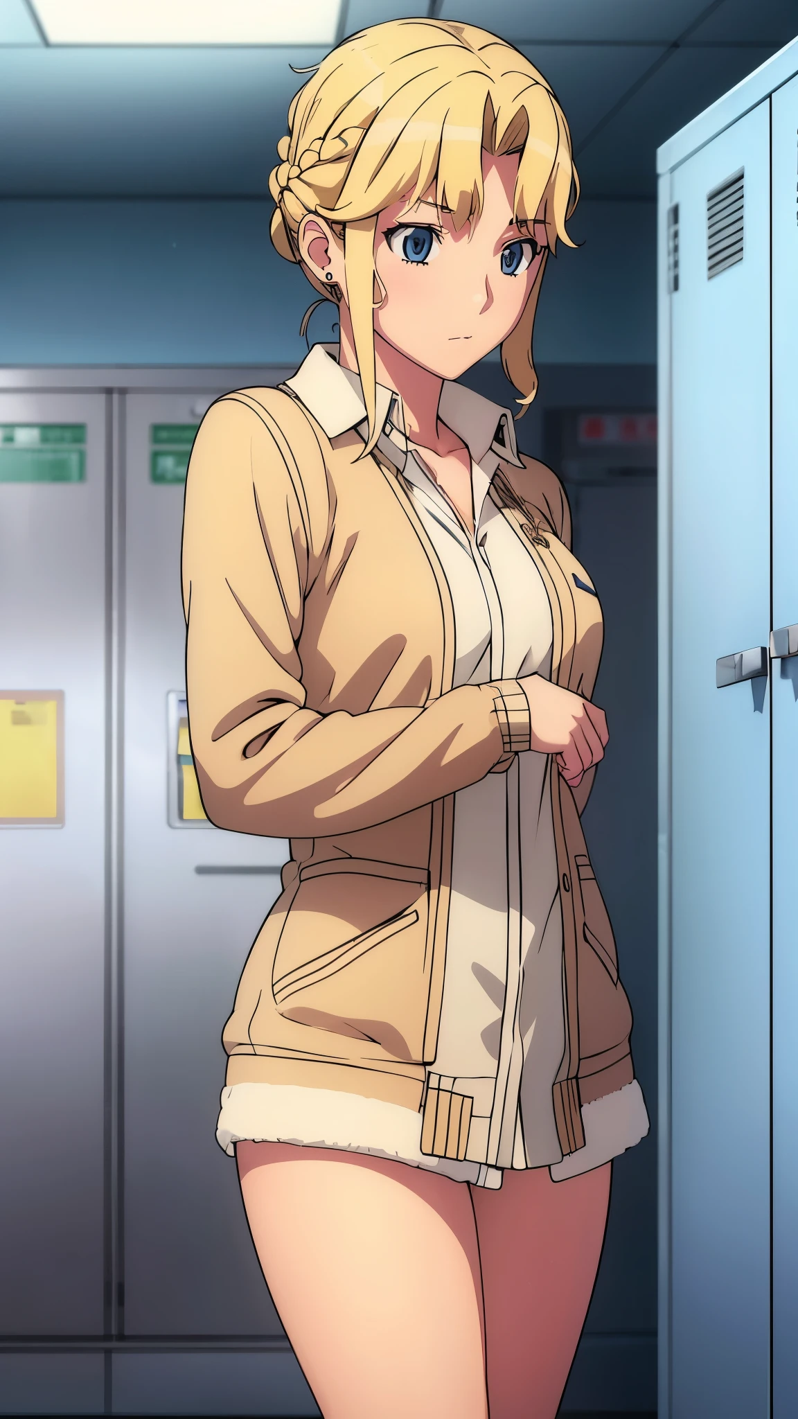 (high school girl、Fair skin、Earrings、Completely naked、pubic hair)、(Hairstyle:french braid、Blonde)、locker room