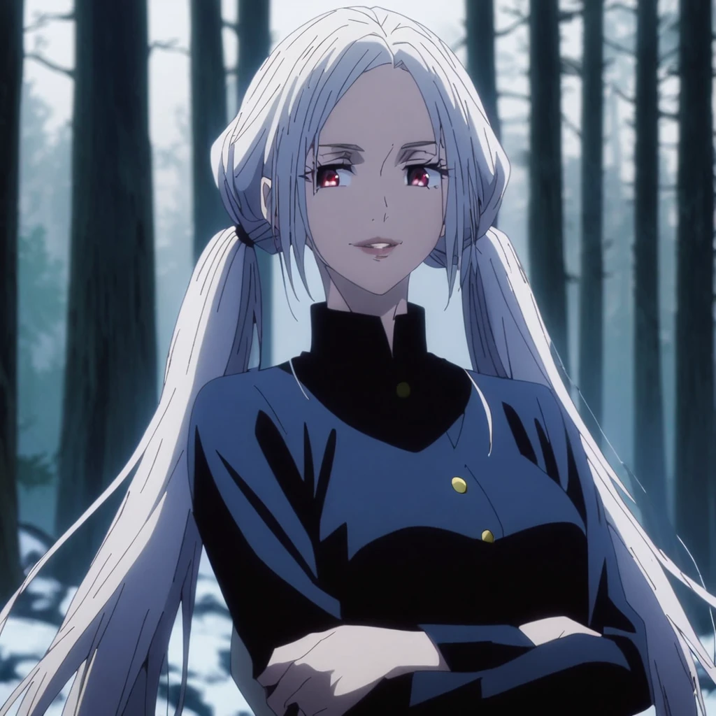 1girl, anime screencap from jujutsu kaisen, solo, very long_hair, ((smooth texture hair)) purple eyes, ((long hair, white hair, hair twintail , red_eye)), breasts, upper_body, smile, forest background, red_eyes, lips, ((long white hair, elegant hairstyle, hair twintail ,red_eye)) wearing black color clothes, breast, "very detailed and high resolution" (red eyes) ((cross arms))  ((smooth texture hair)) ((solo)) ((high resolution)) (Good quality) 