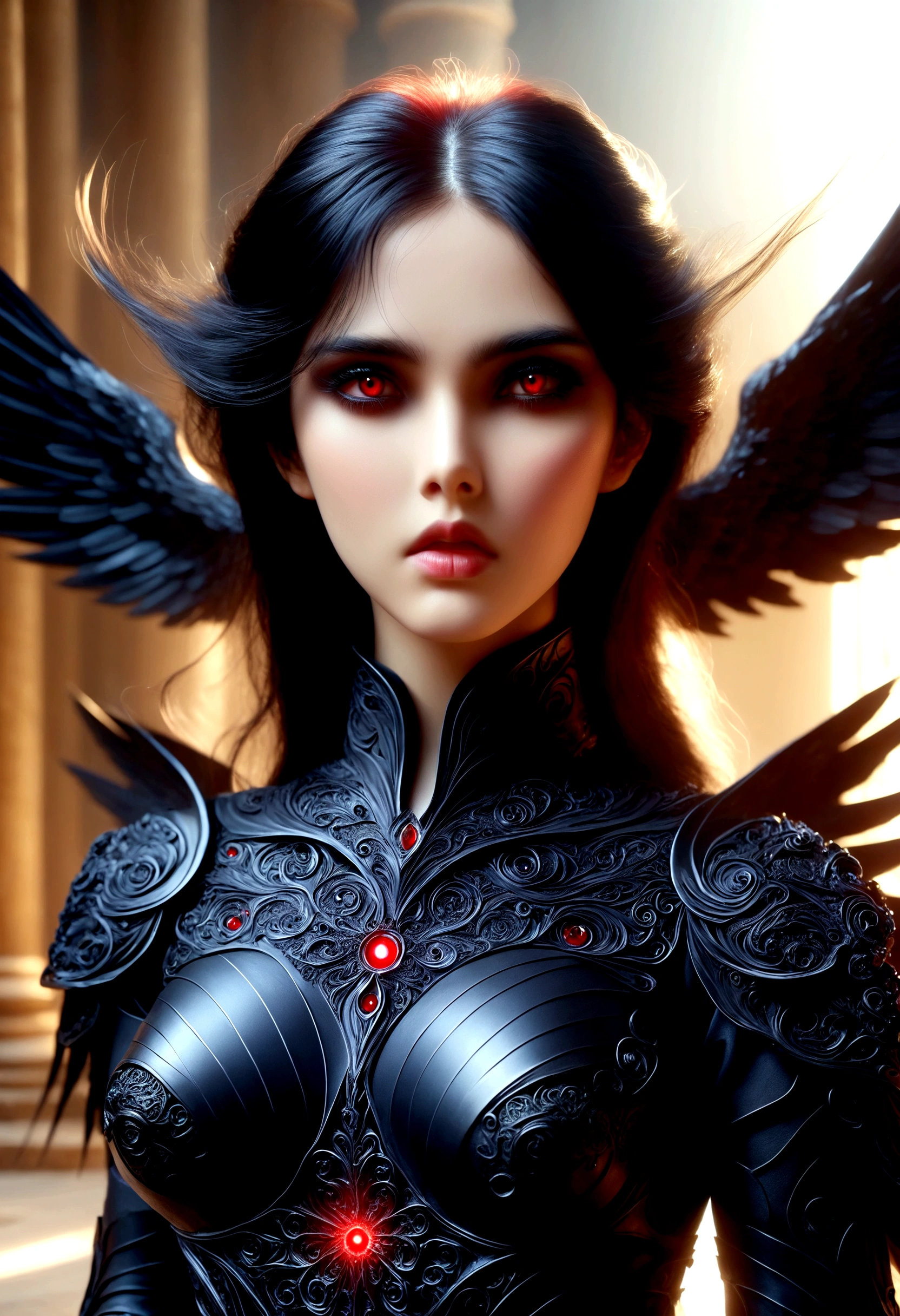 Best Quality Masterpiece A Woman Angel Warrior Gothic Incredibly Beautiful Long Red Eyes Black Hair Black Wings Wearing Black Clothes And Armor Corrupt Angel Woman In An Intricate Cathedral Utra Detailed 8K Extremely Realistic And Detailed