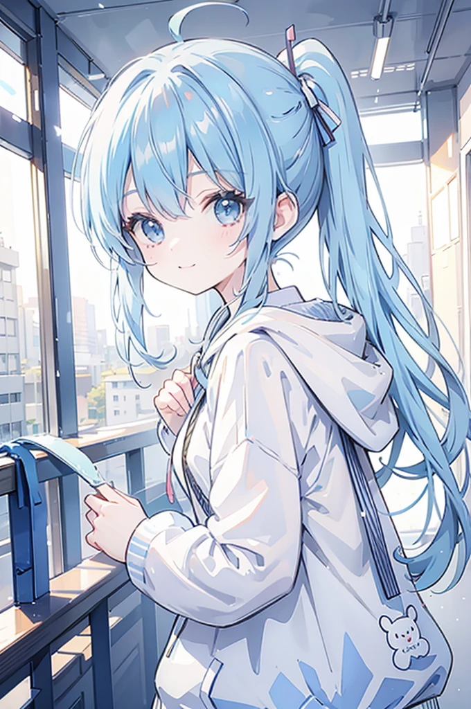 Light blue hair、High ponytail、cute、smile、Shaggy hoodie