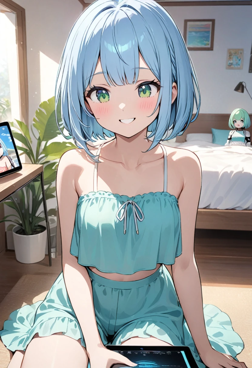 Light blue hair、Short Bob、Deep green eyes、Small breasts、smiling,Cute summer outfity ,Room、she is Talking to android girl displayed on a tablet