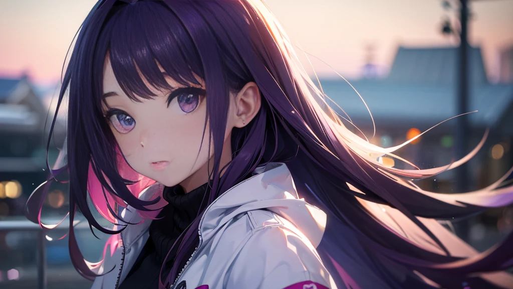 Best picture quality, 8K, high quality, masterpiece:1.2), ((masterpiece)), (great detail, high quality, best picture quality), bokeh, DOF, Portrait, open stance, purple hair long hair, in a black, round face, in a White jacket, standing in the winter town with pink theme