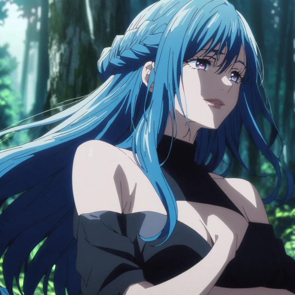 1girl, anime screencap from jujutsu kaisen, solo, very long_hair, ((smooth texture hair)) purple eyes, ((long hair, blue hair, french braid, blue_eye)), breasts, upper_body, smile, forest background, red_eyes, lips, ((long blue hair, elegant hairstyle, french braid ,blue_eye)) wearing black color clothes, breast, "very detailed and high resolution" (blue eyes) ((cross arms))  ((smooth texture hair)) ((solo)) ((high resolution)) (Good quality)  ((head down))