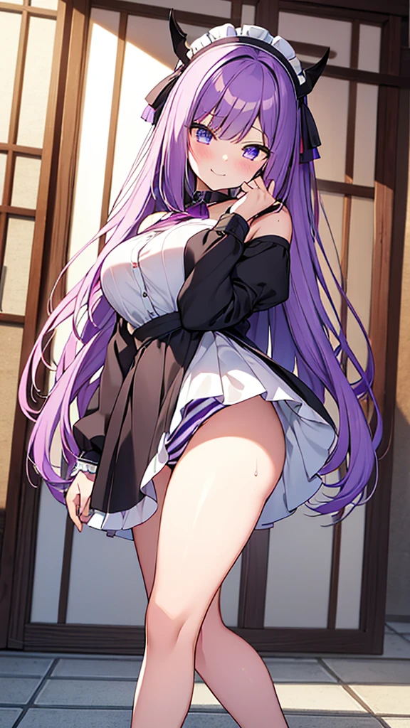最high quality, high quality, 16K, Ultra-detailed details, pretty girl, alone, beautiful purple hair, Beautiful purple eyes, Big Breasts, A light smile, Summer clothes, Summer Maid clothes, I'm lifting my skirt, Blue and white color striped underwear(Bikini swimsuit under skirt), My crotch is wet with love juice, {{A succubus who steals the face skin and maid uniform from the girl she likes and plays pranks on her、好きな女の子のフリをしながらメイド服を着てます}}, Full body image, NSFW