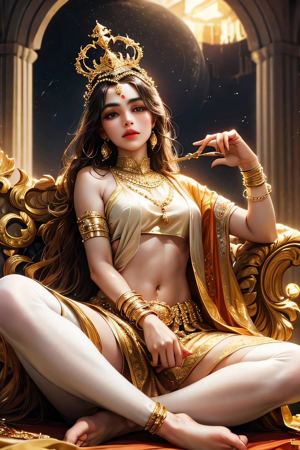 Indian mythology、Kali goddess、pole dance、One woman、Wearing gold and silver ornaments with precious stones over the naked、large full breasts、thin-waist、Golden Circlet、Curly hair with black hair、20yr old、Squatting down with legs spread out