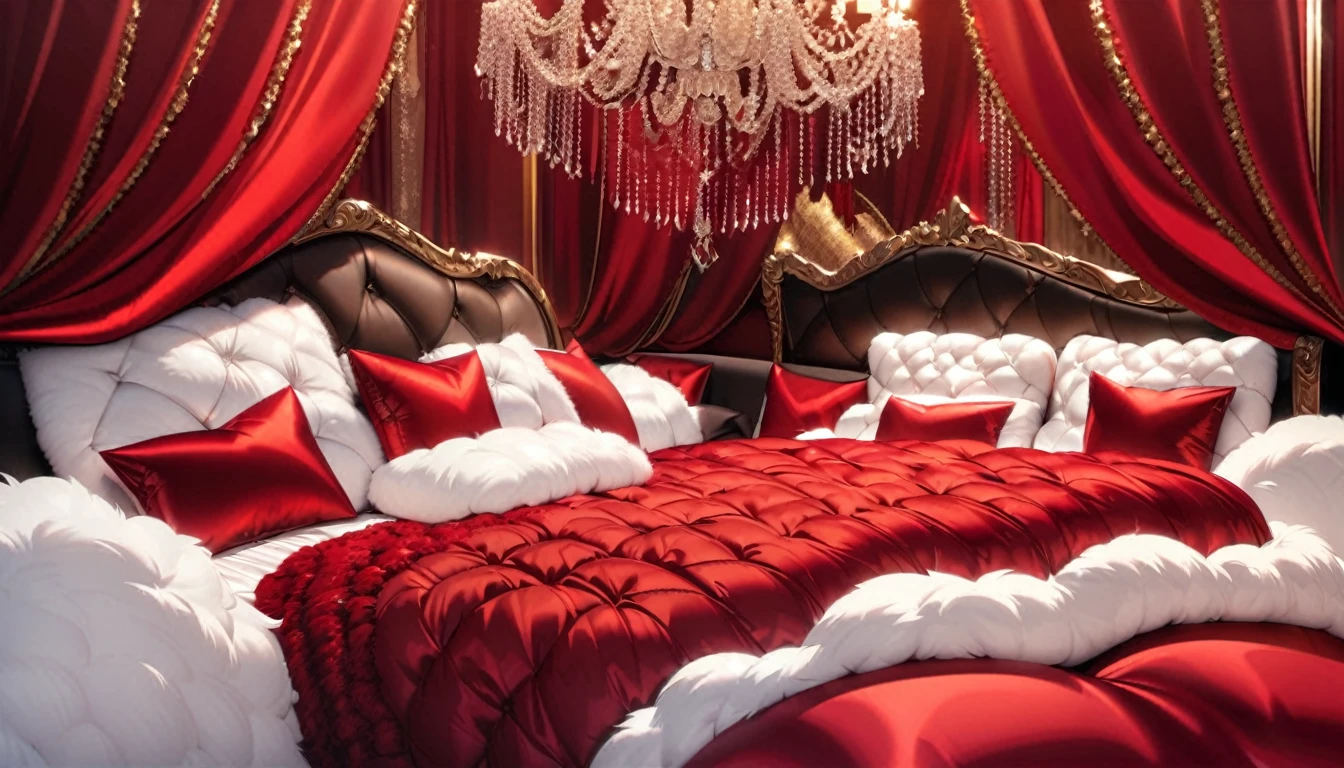 Fluffy red silk duvet、Lots of giant silk pillows、Luxurious fluffy red silk bed