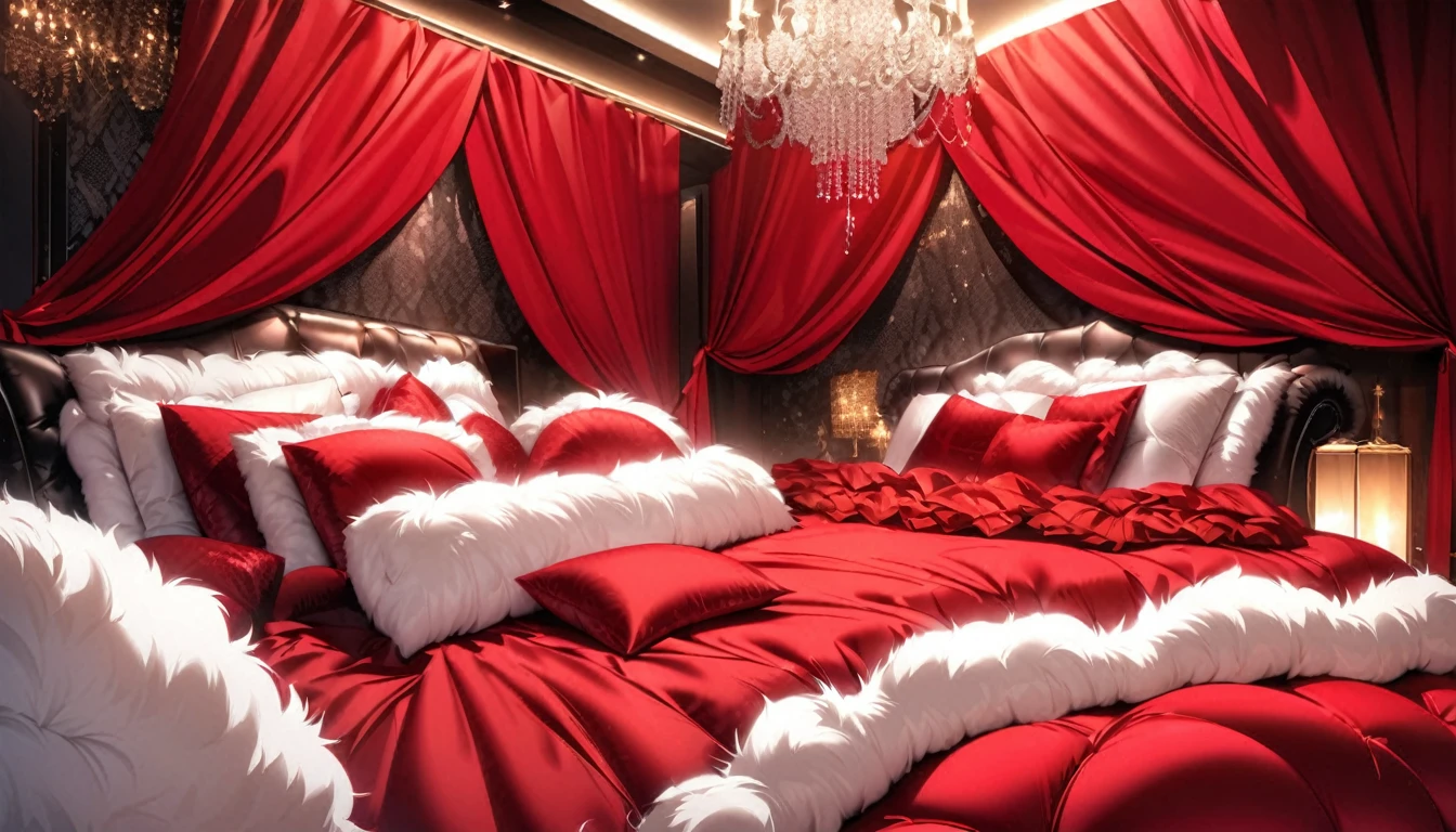 Fluffy red silk duvet、Lots of giant silk pillows、Luxurious fluffy red silk bed
