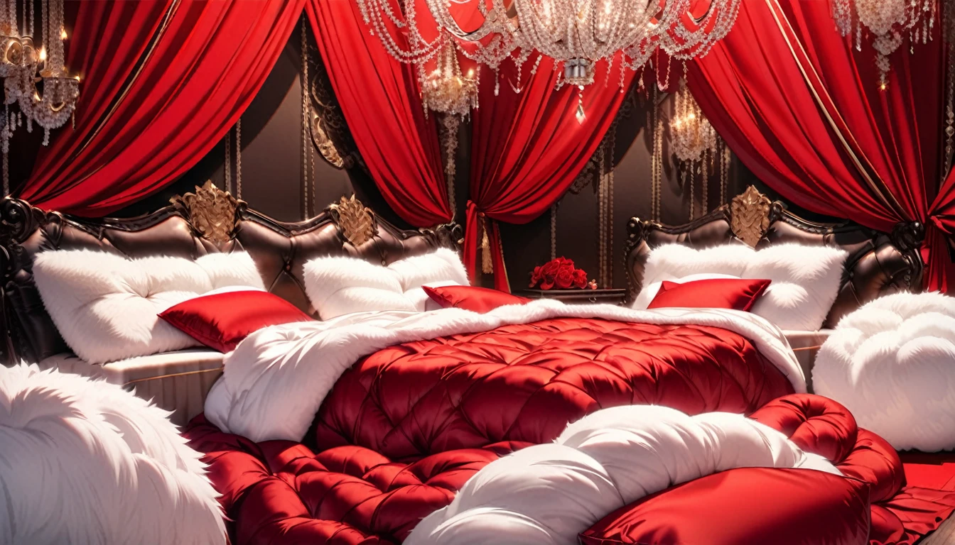 Fluffy red silk duvet、Lots of giant silk pillows、Luxurious fluffy red silk bed