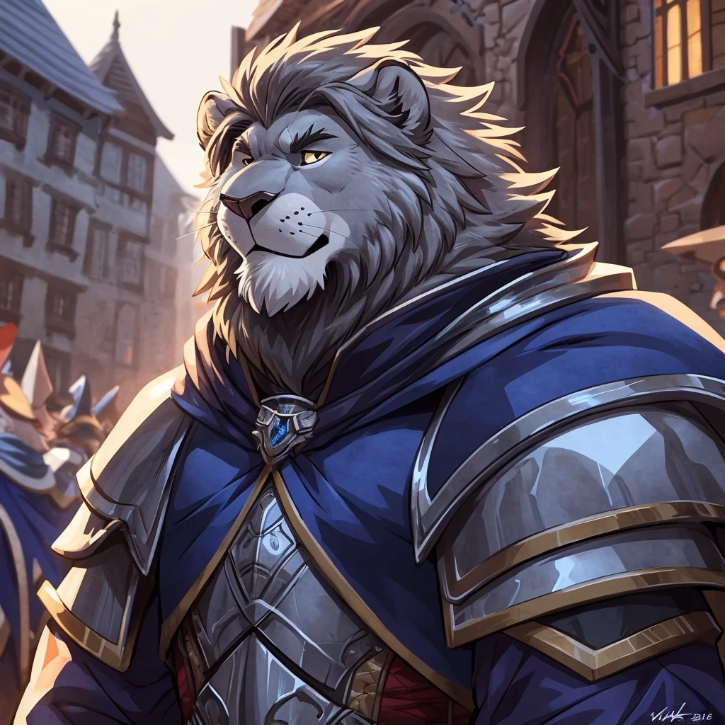 anthro lion, ((old grey lion)) 4k, high resolution, best quality, posted on e621, solo, anthro body, male, adult, slim, medieval, correct anatomy, (icon), (blurry background, out-of-focus background:1.2), (by takemoto arashi:1.0), (by wfa:1), (by Taran Fiddler:0.5), young, (cel shaded, cartoony shading:1.2), black lineart, black outline, flat coloring, (strong shadows, dark shadows:1.2), dynamic pose, portrait, close up to face, ((white and blue armor with cape)))
