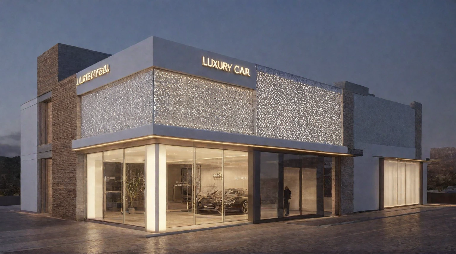 (exterior scene, auto showroom, night light), a rendering of a building with a sign on the front of it, luxury, luxury hd render, luxury brand, luxury advertisement, artist's impression, luxcorerender, concept, wide angle exterior 2022, artist impression, luxury materials, high detailed store, tar - like, artists impression, storefront, luxury item showcase, conceptual, street level view