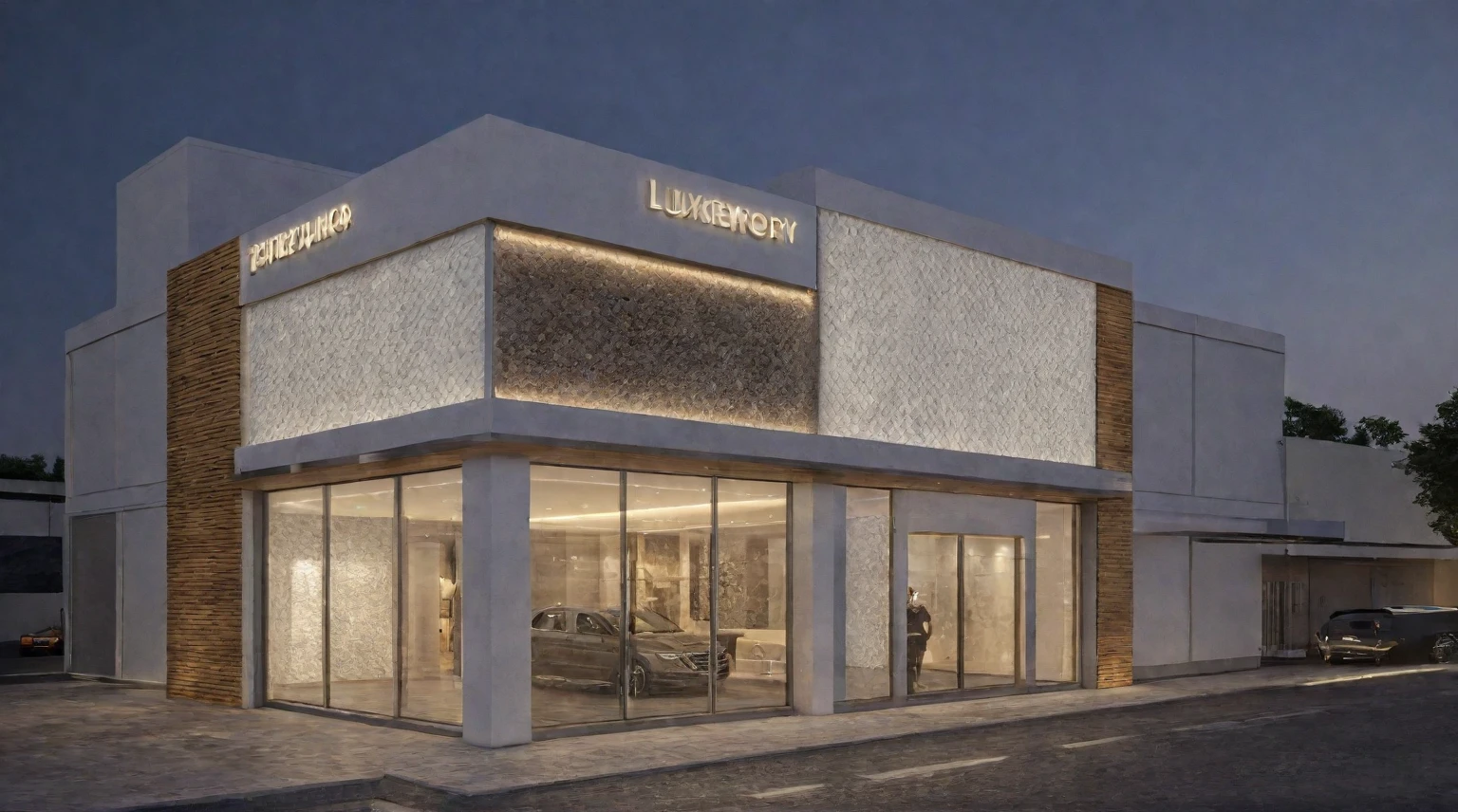 (exterior scene, auto showroom, night light), a rendering of a building with a sign on the front of it, luxury, luxury hd render, luxury brand, luxury advertisement, artist's impression, luxcorerender, concept, wide angle exterior 2022, artist impression, luxury materials, high detailed store, tar - like, artists impression, storefront, luxury item showcase, conceptual, street level view