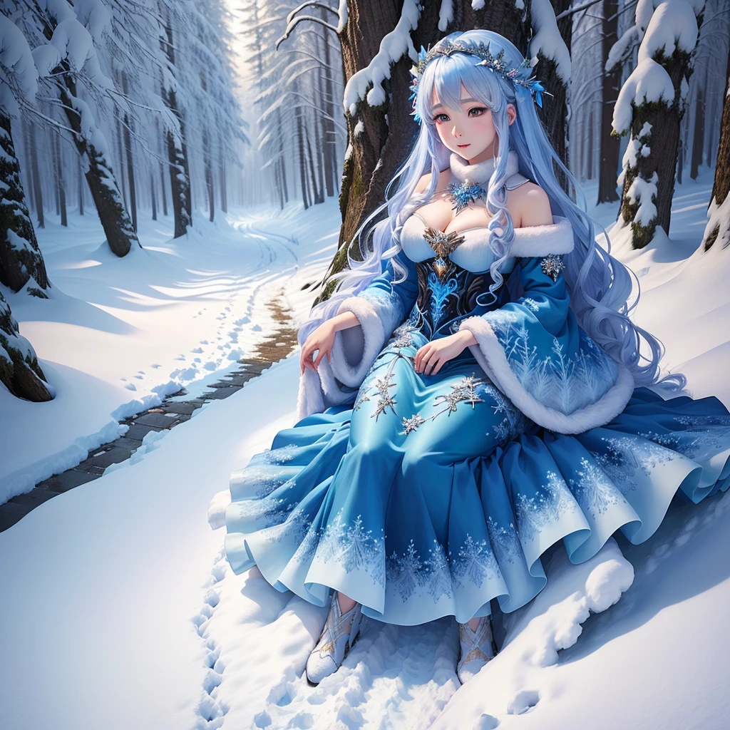 Anime girl in a blue dress in the snowy forest, Fantasy art style, Beautiful fantasy art, 8k high quality detailed art, goddess of winter, digital fantasy art ), Beautiful digital artwork, 4k fantasy art, Detailed fantasy art, 2. 5D CGI anime fantasy artwork, Detailed fantasy digital art, Winter Princess, highly Detailed fantasy art, 4k highly detailed digital art,whole body,Video,overall,Snow,whole body的画面