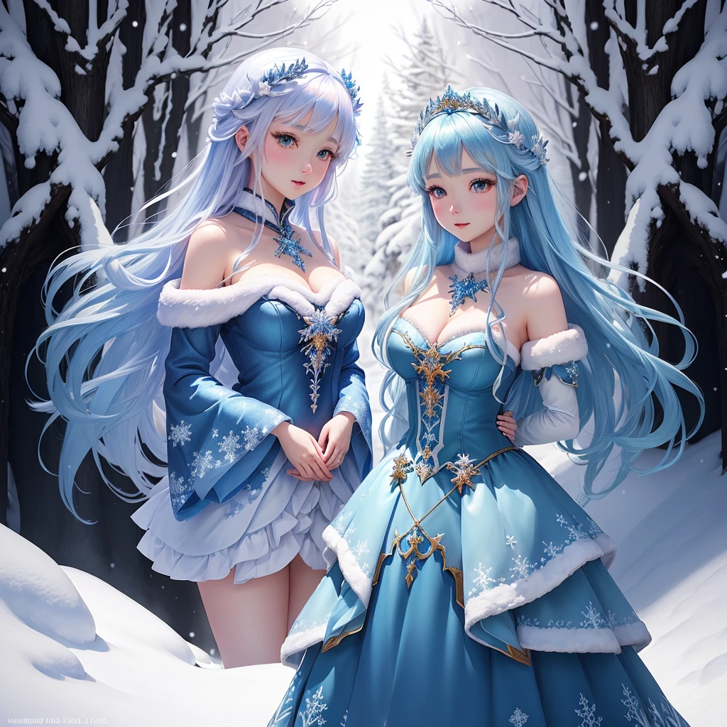 A beautiful girl with long hair, Wear a fluffy princess dress in the winter. Walking in a forest covered in white snowstorms. A very strong blizzard The trees were completely covered with white snow, with the sun shining on her face, close up.