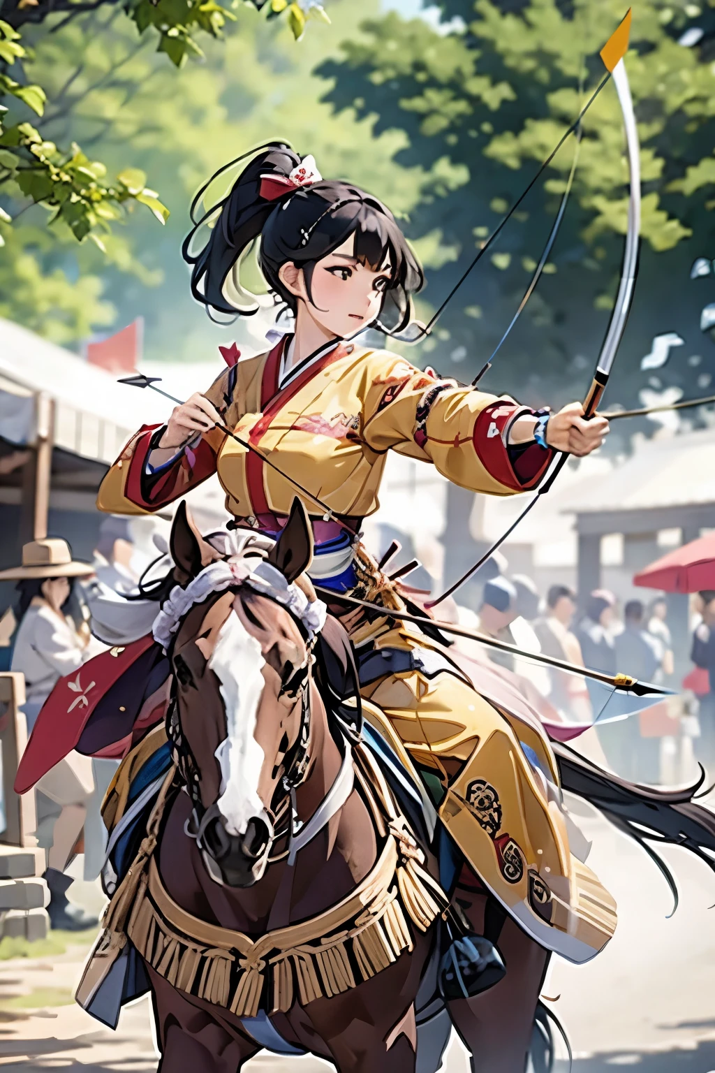 (masterpiece, best quality:1.2), yabusame, beautiful girl, horse, (holding bow:1.2), (holding arrow:1.2), (aiming:1.2), (jumping:1.2), (hole body:1.2), (blurry background:1.2), 
