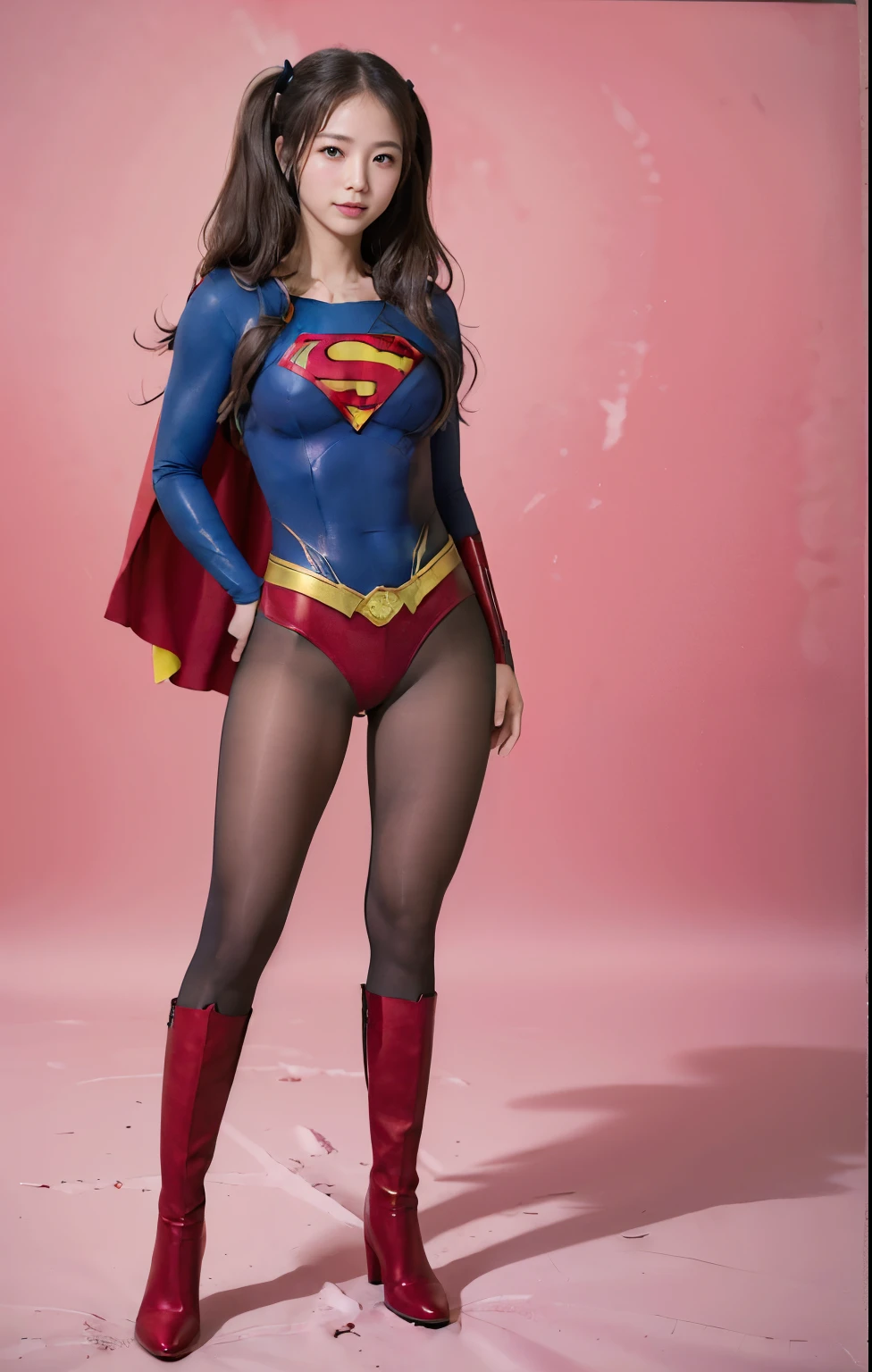 No background、(((Beautiful legs in black tights.)))、(((Legally express the beauty of your smile)))、((((Make the most of your original images)))、(((Supergirl Costume)))、(((Beautiful hair with twin tails)))、(((suffering)))、(((Please wear black tights....、Wear red boots)))、((Best image quality、8K))、((Highest quality、8K、masterpiece:1.3))、(((Preserve background )))、Sharp focus:1.2、Beautiful woman with perfect figure:1.4、Slim Abs:1.2、Wet body:1.5、Highly detailed face and skin texture、8K