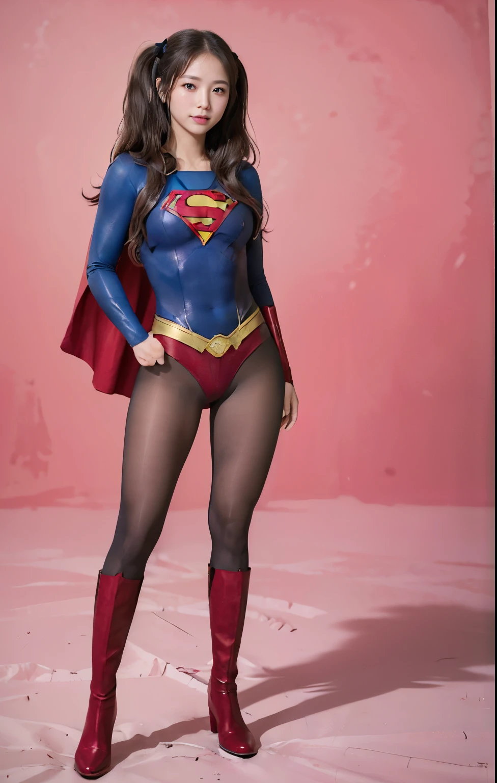 No background、(((Beautiful legs in black tights.)))、(((Legally express the beauty of your smile)))、((((Make the most of your original images)))、(((Supergirl Costume)))、(((Beautiful hair with twin tails)))、(((suffering)))、(((Please wear black tights....、Wear red boots)))、((Best image quality、8K))、((Highest quality、8K、masterpiece:1.3))、(((Preserve background )))、Sharp focus:1.2、Beautiful woman with perfect figure:1.4、Slim Abs:1.2、Wet body:1.5、Highly detailed face and skin texture、8K