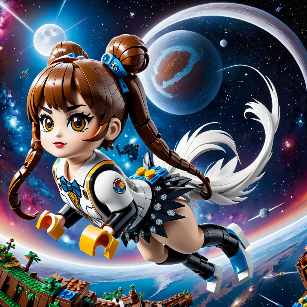 best quality, very good, 16K, ridiculous, Very detailed, Twin Tails，Made of Lego, Background space（（A masterpiece full of fantasy elements）））， （（best quality））， （（Intricate details））（8K）