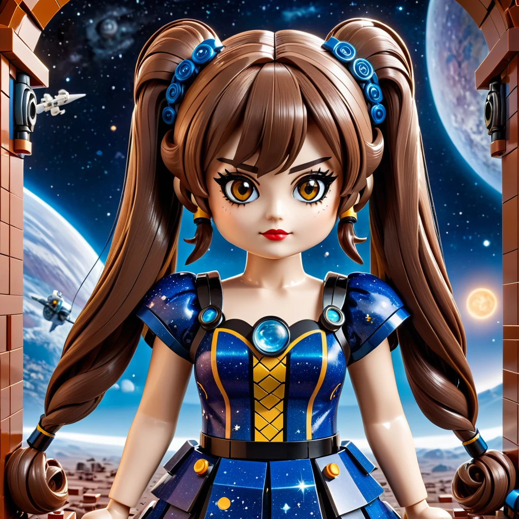 best quality, very good, 16K, ridiculous, Very detailed, Twin Tails，Made of Lego, Background space（（A masterpiece full of fantasy elements）））， （（best quality））， （（Intricate details））（8K）