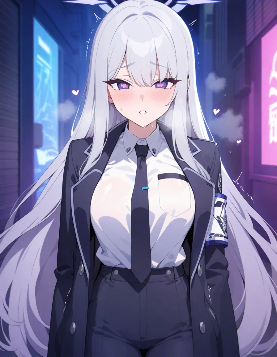 (Highest quality), (High resolution), (masterpiece), (Super detailed), Silver Hair, Long Hair, Blue and purple eyes, Blue Archive Art Style, One girl, Silky skin, Shiny skin, An athletic body, blush, Heavy breathing, chest, (Black long coat, White shirt, Black tie, Black trousers), Front view, Composition looking up from below, (Bright saturation), Stand up straight, Dripping love juice, Heart Pupil, (大きなchest:1.1), Expression of pleasure, Trembling with sexual climax, Heavy breathing, Night Alley