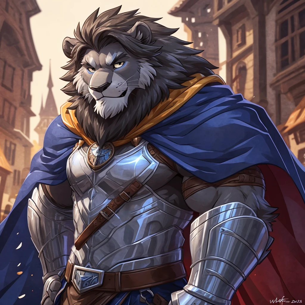 anthro lion, ((old grey lion)) 4k, high resolution, best quality, posted on e621, solo, anthro body, male, adult, slim, medieval, correct anatomy, (icon), (blurry background, out-of-focus background:1.2), (by takemoto arashi:1.0), (by wfa:1), (by Taran Fiddler:0.5), young, (cel shaded, cartoony shading:1.2), black lineart, black outline, flat coloring, (strong shadows, dark shadows:1.2), dynamic pose, portrait, close up to face, ((white and blue armor with cape)))