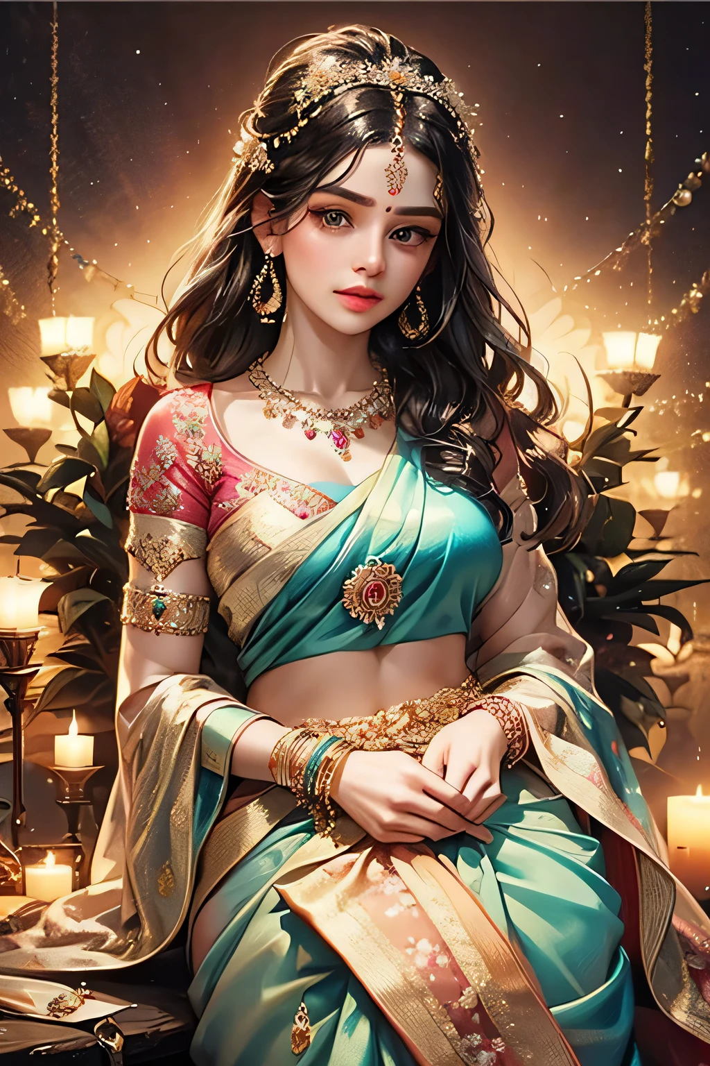 Goddess, very beautiful, animated style, closeup shot, anime in a (((combination indian traditional saree))) (((saree))) (((blouse))), long black wavy hair untied, head jewellery, head clips, head chains, head tiara, necklace, long and beautiful earings, armlets, bangles and bracelets, rings, pleasant expression, bright big black eyes, holding a flower, natural beauty, vibrant colors, dreamy, northern light, pink bubble, romantic, soft lighting, vintage aesthetic