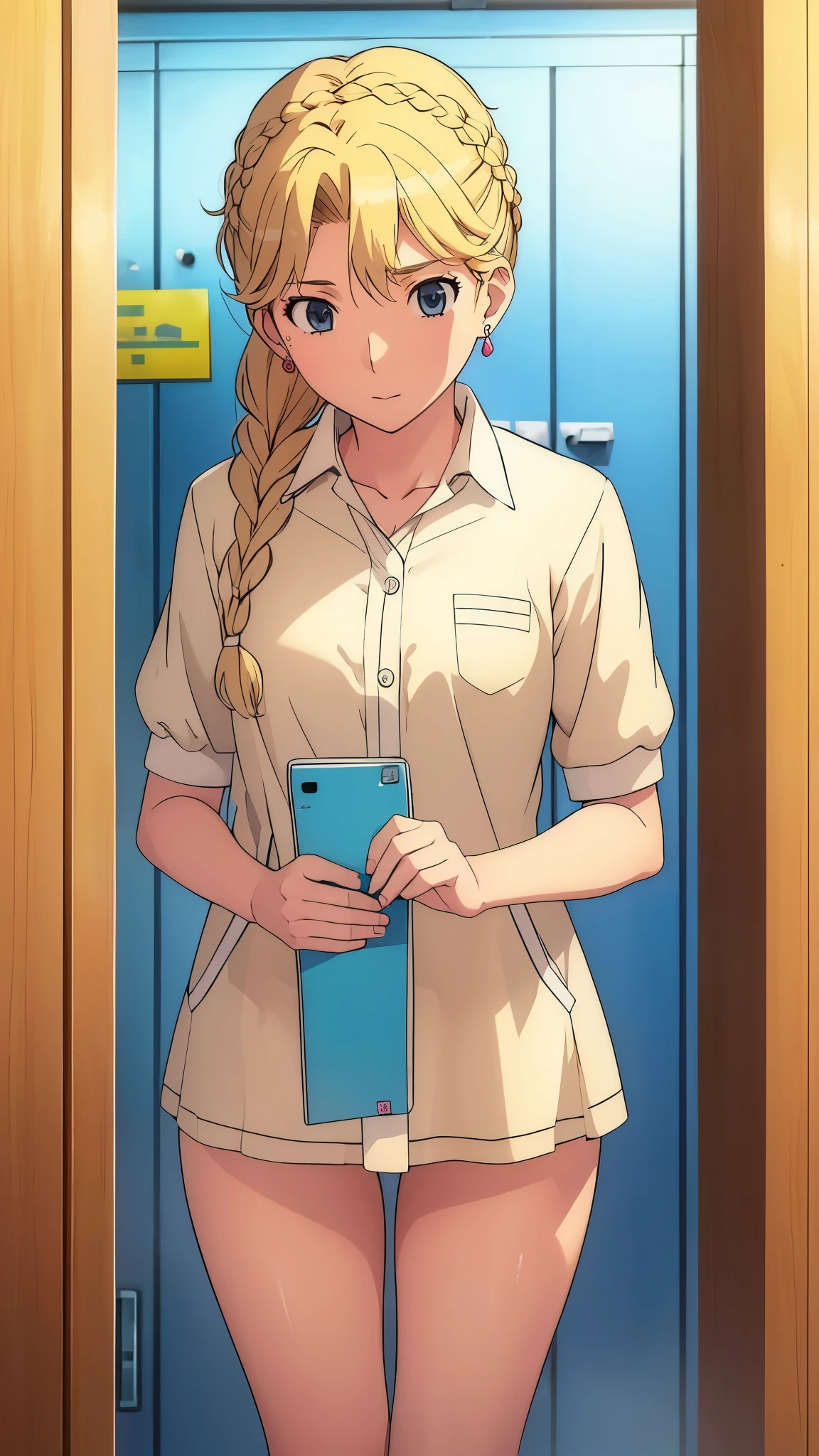 (high school girl、Fair skin、Earrings、Completely naked、pubic hair)、(Hairstyle:french braid、Blonde)、locker room