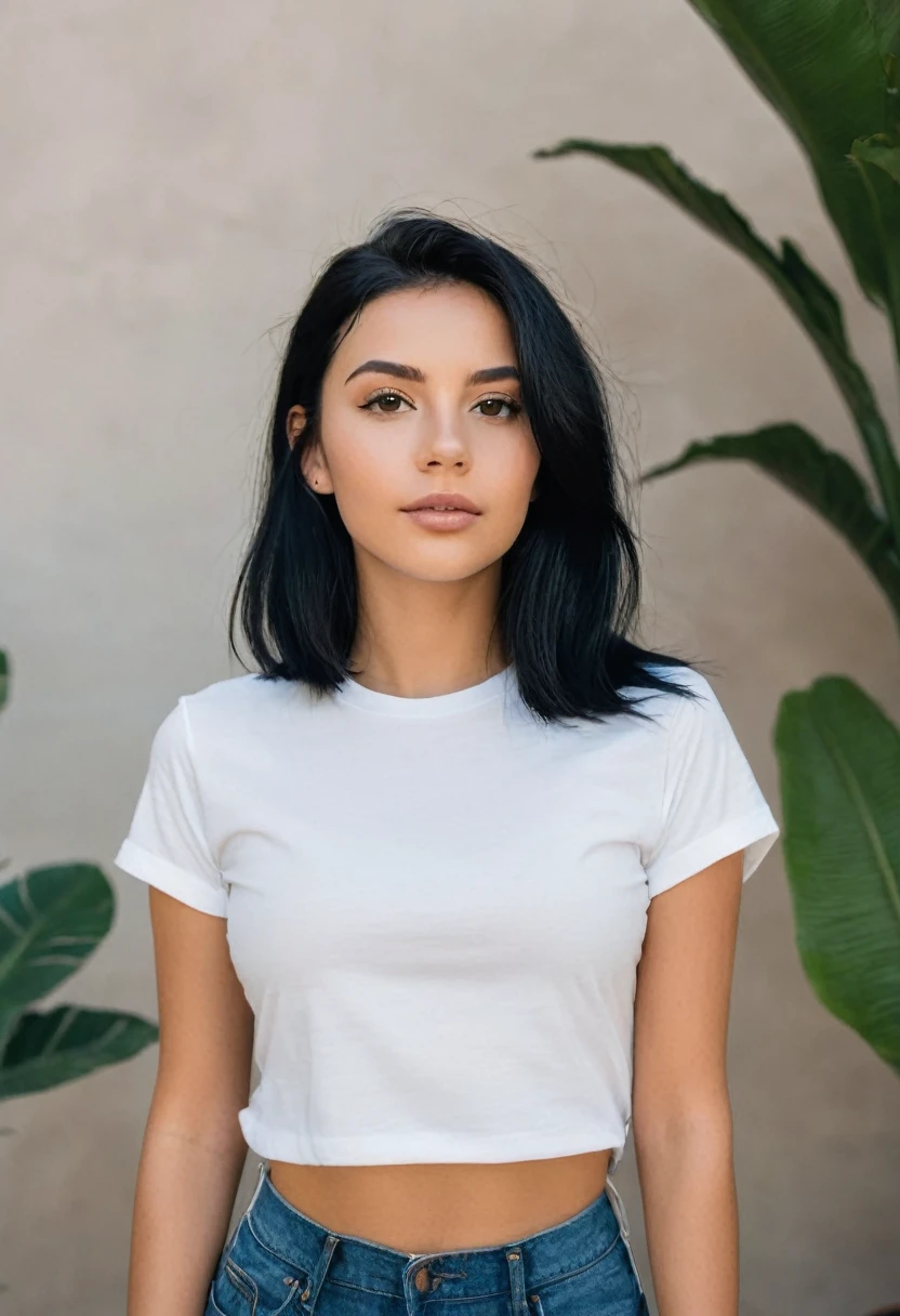 profile picture of withe girl with black hair. The girl is wearing a simple t-shirt. The style is clean and modern. The girl is looking forward. The girl is a adult . The girl is without bangs. The body of the girl its forwards. The girls is latina