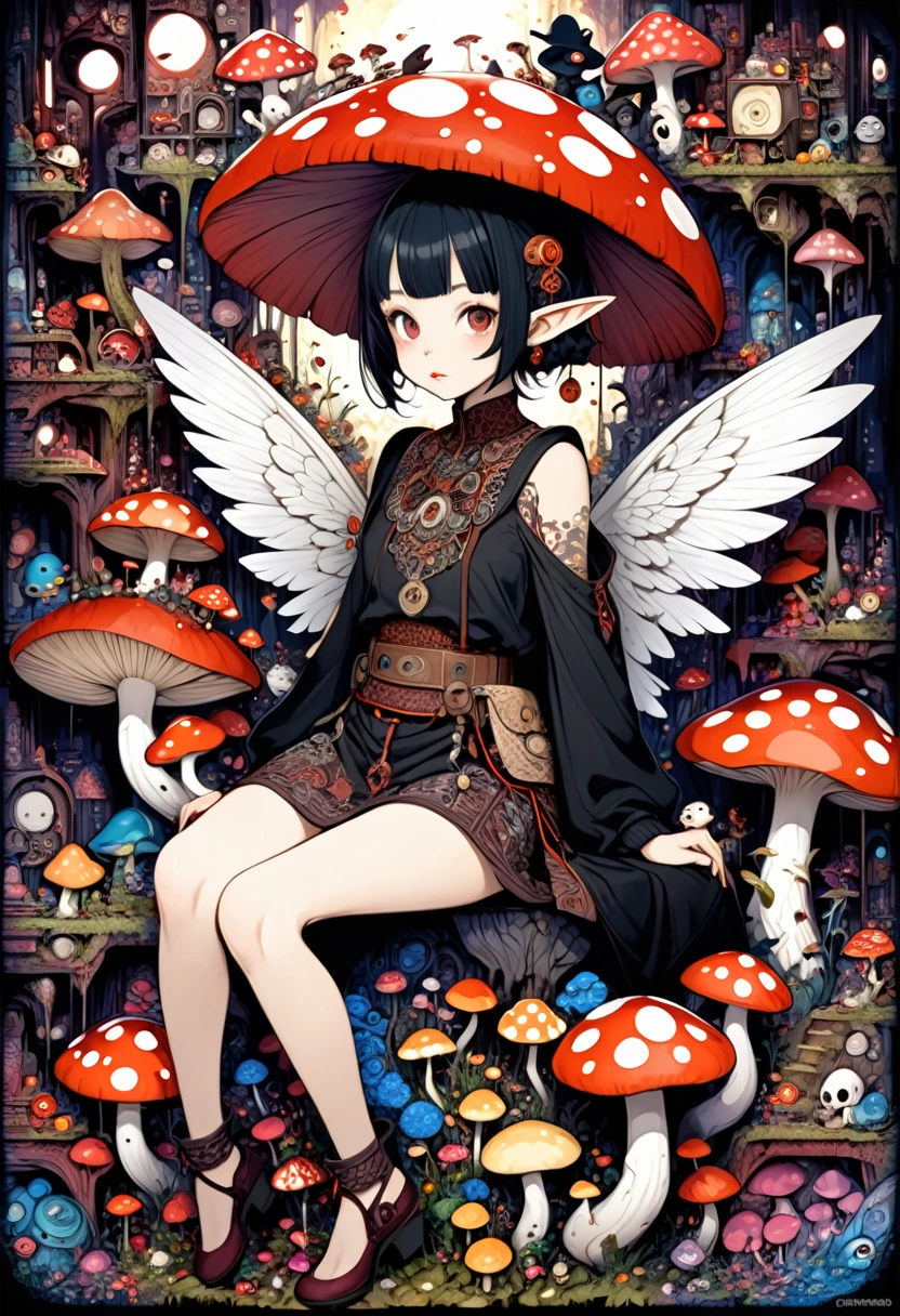 horror painting , in the style of  takato yamamoto, style of Ravi Zupa, super cute pixie,sitting on a mushroom [ hyperdetailed trippy mushroom], [hyperdetailed and hyperrealistic], fantasy real,[breath taking place], dressed in nomad clothing,clever and stylish ,pixie's wings