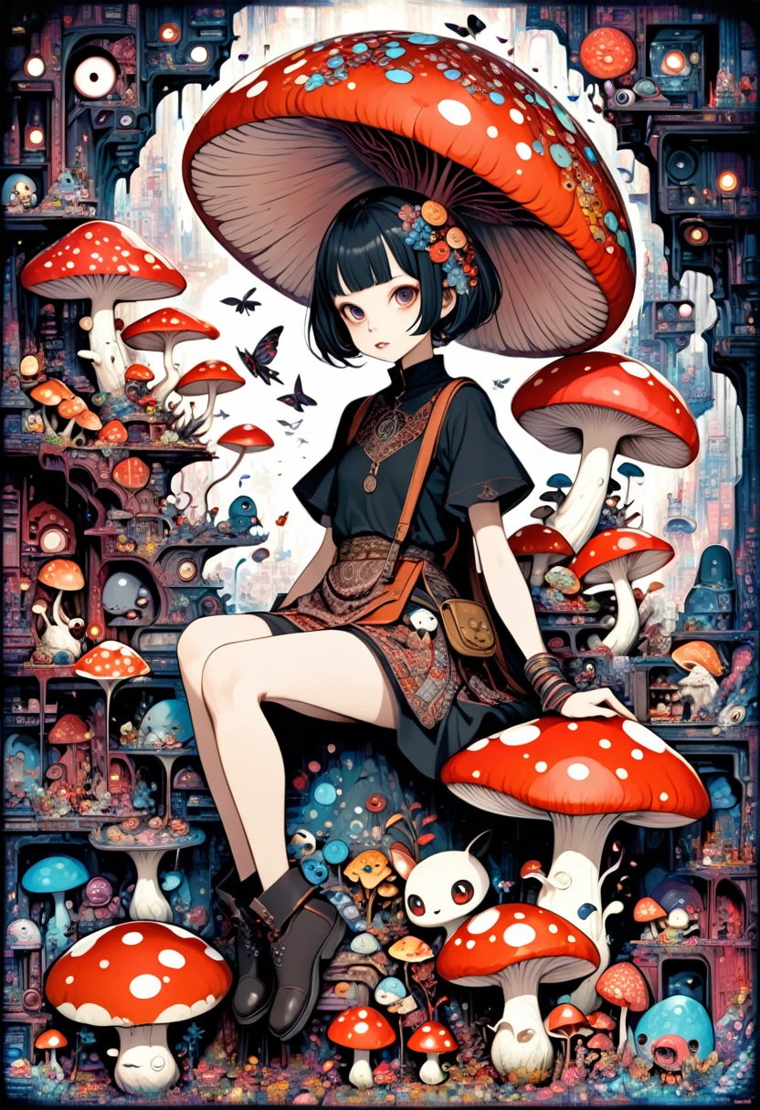 horror painting , in the style of  takato yamamoto, style of Ravi Zupa, super cute pixie,sitting on a mushroom [ hyperdetailed trippy mushroom], [hyperdetailed and hyperrealistic], fantasy real,[breath taking place], dressed in nomad clothing,clever and stylish ,pixie's wings