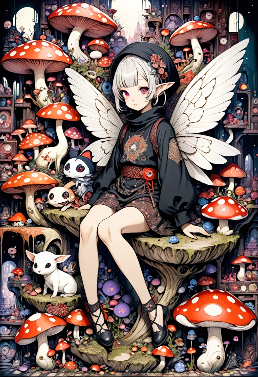 horror painting , in the style of  takato yamamoto, style of Ravi Zupa, super cute pixie,sitting on a mushroom [ hyperdetailed trippy mushroom], [hyperdetailed and hyperrealistic], fantasy real,[breath taking place], dressed in nomad clothing,clever and stylish ,pixie's wings