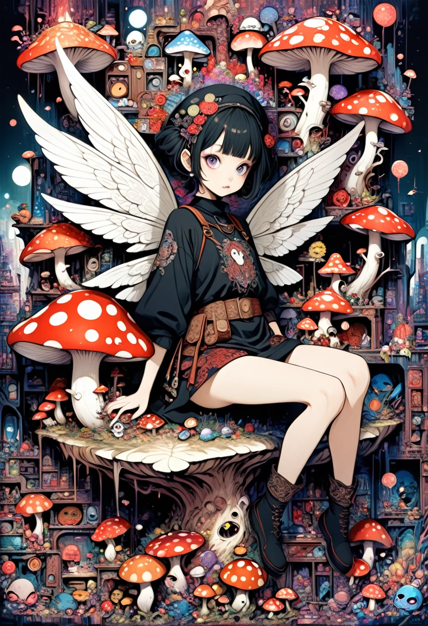 horror painting , in the style of  takato yamamoto, style of Ravi Zupa, super cute pixie,sitting on a mushroom [ hyperdetailed trippy mushroom], [hyperdetailed and hyperrealistic], fantasy real,[breath taking place], dressed in nomad clothing,clever and stylish ,pixie's wings