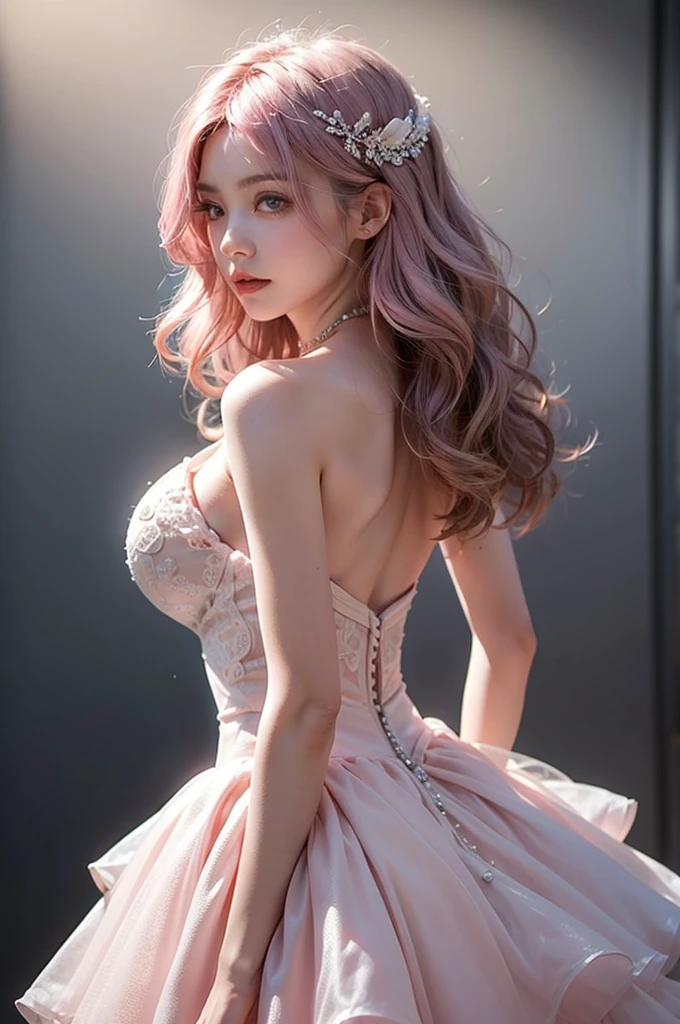Light pink hair, Pink Eyes, Pink and white, Bright colors, Wedding dress,,Simple background, Ray Tracing, Wavy Hair,Large Breasts,Big Ass,whole body