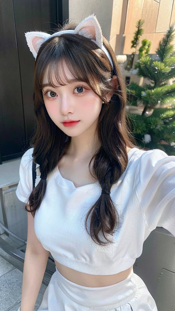(8K、high resolution、High resolution、Fine details)Beautiful eyelashes、High resolutionの顔、Zoom out、18 years old、 Beautiful detailed eyes、Random cute hairstyles、C cup breasts、White clothes、Cat ear headband、mini skirt、Sexy clothes that show your belly button