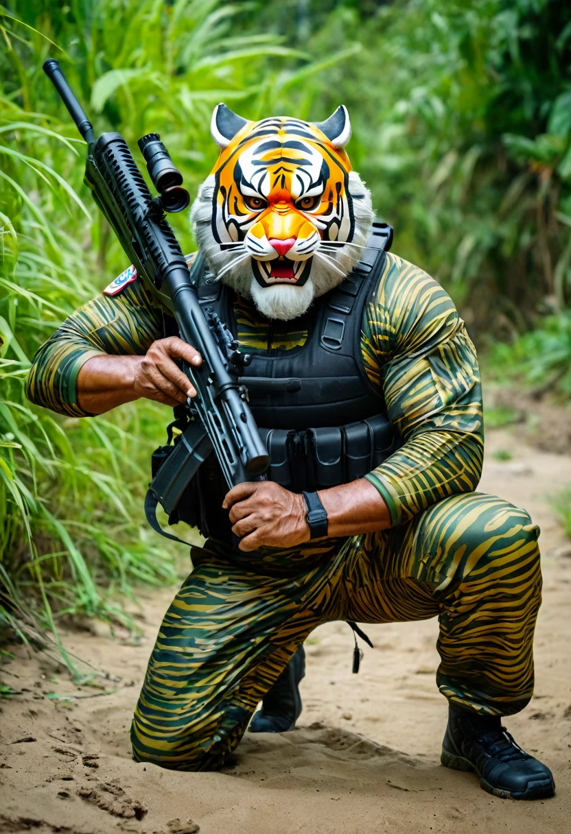 (a dark-skinned bearded fat muscular old man in a bulky army camouflage zipper diver suit), and (wearing realistic roaring siberian tiger mask) and crouching shooting with sniper rifle, muscular, Bruce Onobrakpeya, sumatraism, stanley artgermm, action, heroic, fierce, furious