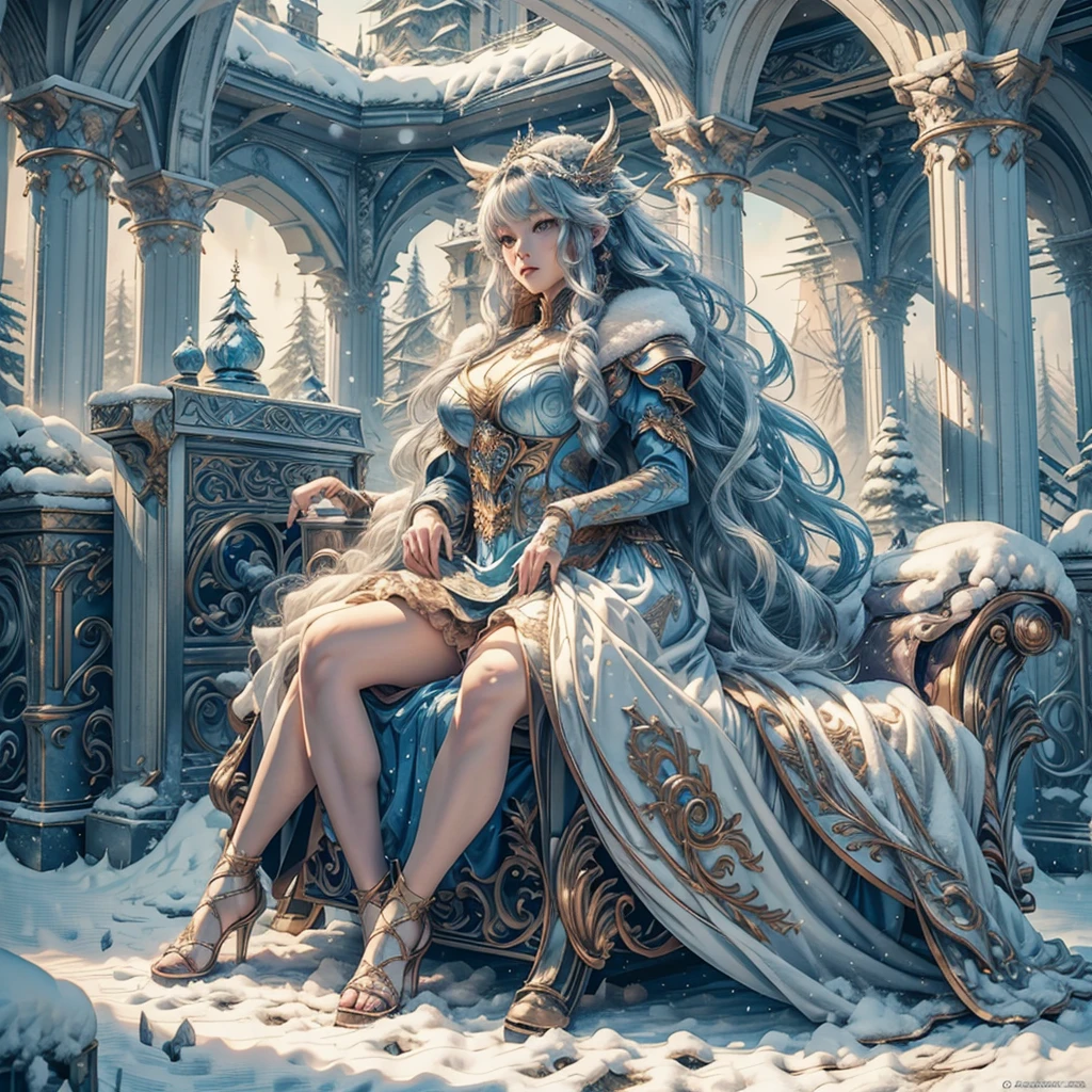 Anime girl in a blue dress in the snowy forest, Fantasy art style, Beautiful fantasy art, 8k high quality detailed art, goddess of winter, digital fantasy art ), Beautiful digital artwork, 4k fantasy art, Detailed fantasy art, 2. 5D CGI anime fantasy artwork, Detailed fantasy digital art, Winter Princess, highly Detailed fantasy art, 4k highly detailed digital art，whole body，Video，overall，Snow，whole body的画面，Realism