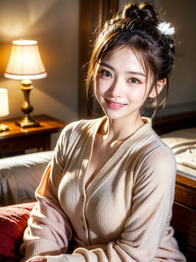 Highest quality,Face Focus,Soft Light,Ultra-high resolution,(Realism:1.4),original photo,1 Japanese girl,Alone,cute,There is a light in the eyes,Every detail is beautiful,High-resolution details of human skin texture,(double bun,22 year old:1.5),indoor,on the bed,Luxury hotel bedroom,pajamas,portrait,Awkward,blush,Smile,Upper body
